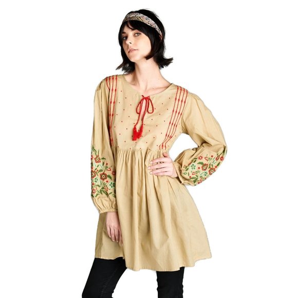 Velzera Dresses & Skirts - Velvera Floral Embroidered Peasant Dress, Mocha